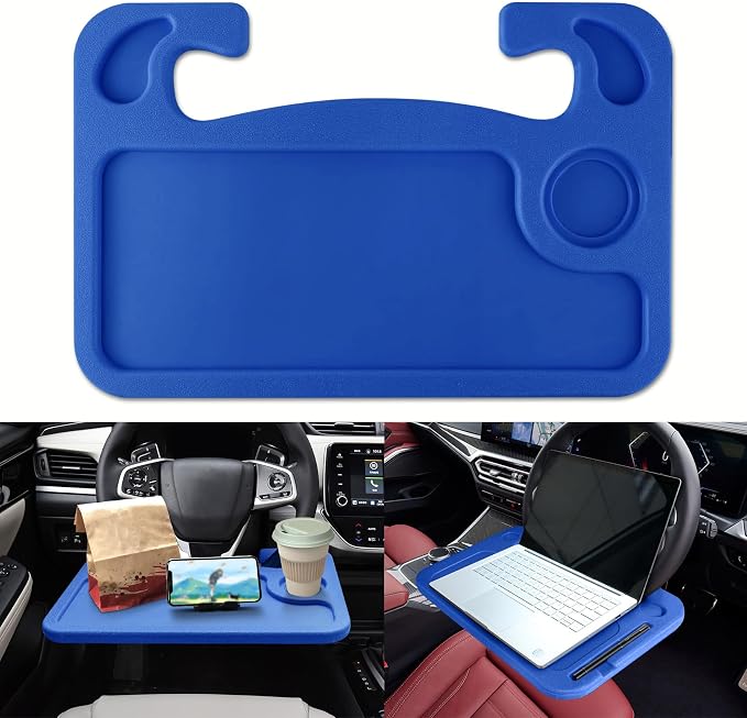 2 in 1 Car Steering Wheel Desk, Car Tray, Car Steering Wheel Desk Tray & Auto Seat Gap Filler Organizer, Multipurpose Travel Auto Steering Wheel Under Table Console for Most Vehicles (Blue)