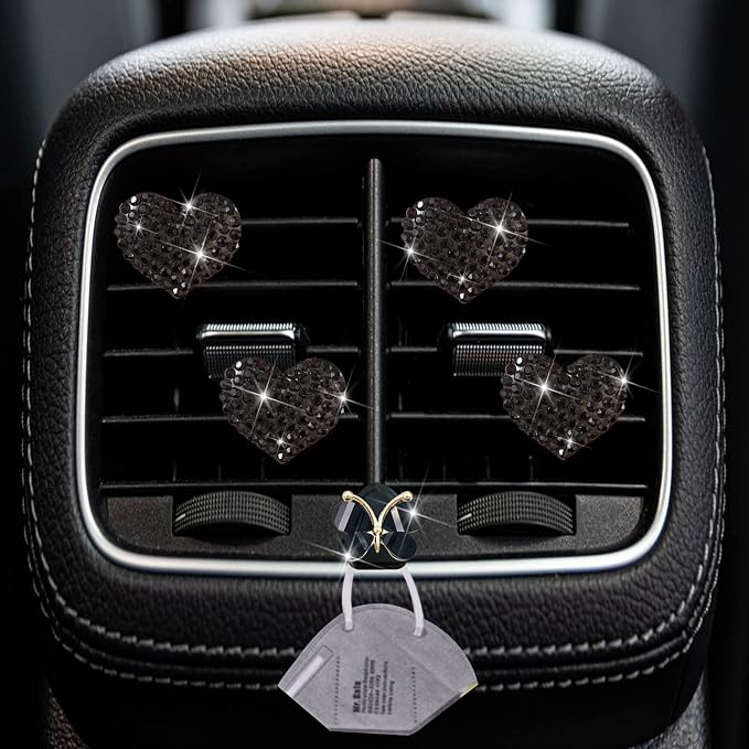 Black Heart Air Vent Clips, 4 Pcs Bling Heart Air Fresheners Vents Clips Diamond Car Interior Decor Charm Cute Car Accessories + Cute Butterfly Mask Hook
