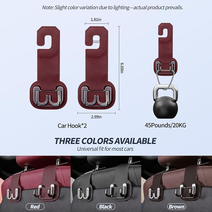2 Packs Headrest Hooks for Car, Hidden Twinhook Leather & Metal Car Purse Holders, Universal for BMW X5 X3 X1 X7 Accessories, Seat Back Storage Organizer Hanger for Purse Bag Phones(Red)