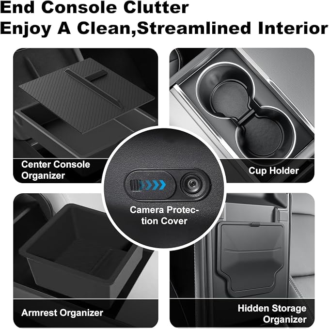 Eonflux Center Console Organizer for Tesla Model Y Juniper (2025-2026 Only Premium & Performance) & Model 3 Highland (2024-2026),Hidden Storage Box & Cup Holder with Silent Silicone Liner, 5PCS Black