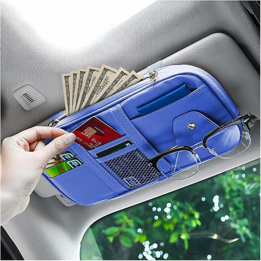 Car Sun Visor Organizer, Sunglass Holder and Storage Pocket, Card Cash Pouch with Multi-Pocket Net Zipper, Case Bag for License Pen Key, Auto Interior Accessories for Truck, SUV, Van (Blue)