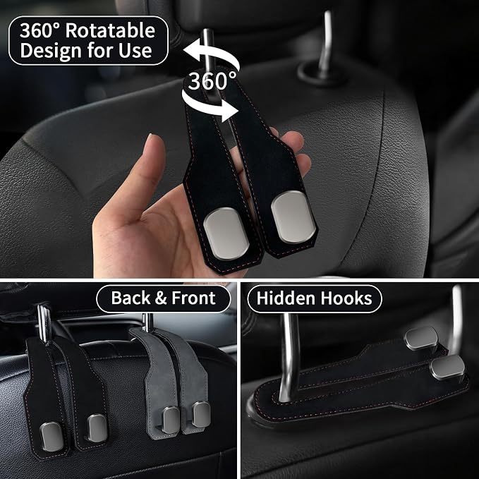 Car Seat Headrest Hooks for Purses and Bags, 2 Pack Bag Purse Holder for Car With Double Metal Hooks, Car Purse Hanger, Headrest Back Seat Handbags Hook Cute Hanging Accessories, Black