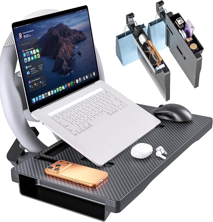 2-in-1 Car Steering Wheel Desk & Seat Gap Organizer Tray | Carbon Fiber Finish, Foldable Adjustable, Multi-use for Laptop Work, Eating and Storage, Gifts for Truck/ Tesla or SUV Owners