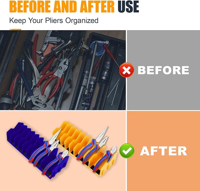 2PCS Plier Organizer Rack, 10-Slot Pliers Cutters Holder with Non-Slip Rubber Base, Extendable ToolBox Drawer Storage Accessory, Fits 3" H Tools, Pliers, Screwdrivers, Wrenches (Blue/Yellow)