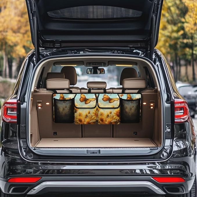 Butterfly Sunflower Print Car Trunk Organizer with 4 Pockets Hanging Car Backseat Storage Bag Multipurpose Car Organizer Bag Universal Car Interior Accessories