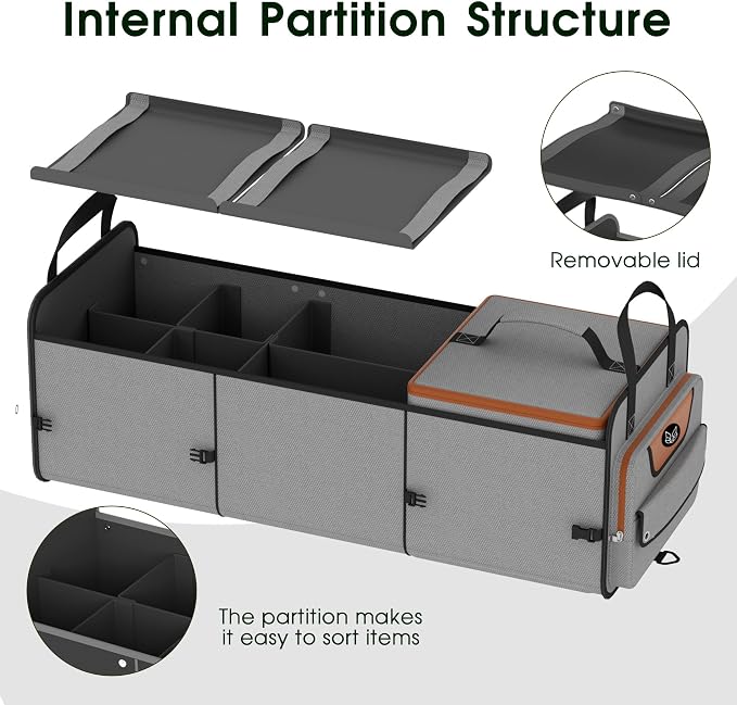 SugarFox Car Trunk Organizer for SUV, Heavy Duty Waterproof Trunk Organizer, Foldable Collapsible Car Organizer with Cooler, Multi-Compartment Large Trunk Organizer (95L), Gray-M003