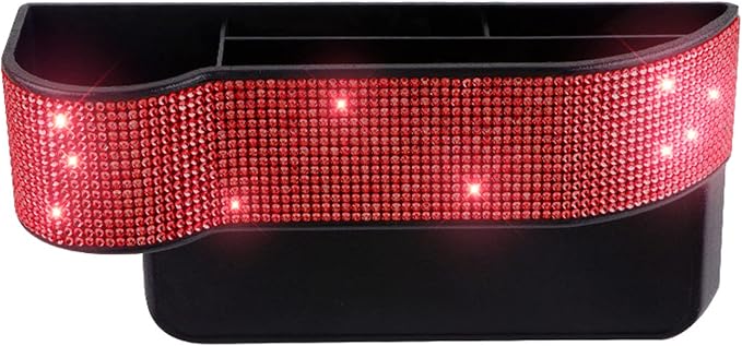 Bling Bling Car Seat Organizer Front Seat Gap Filler with Crystal Rhinestones Diamond, PU Leather Car Seat Console Storage Organizer for Car Accessories (2 Pack Red)