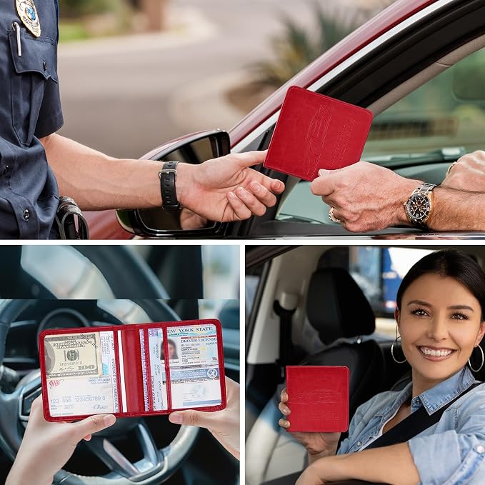 Registration and Insurance Card Holder, Vehicle Glove Box Car Organizer with Magnetic Closure, Interior Car Accessories for Documents, Cards, License Storage, 1-Pack Red
