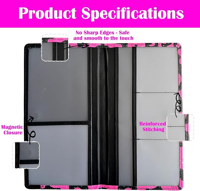 Car Registration and Insurance Holder with Magnetic Closure, Universal Document Organizer for License, Insurance Cards & Glove Box Storage (Leopard-Glitter Hot Pink)