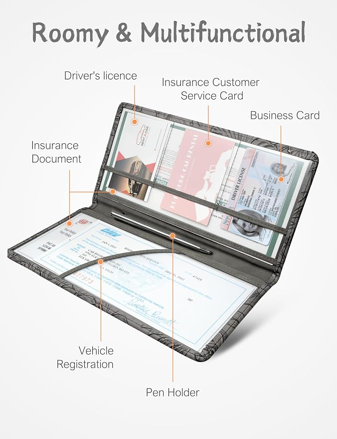 Mymazn Car Registration and Insurance Holder, PU Leather Glove Box Car Organizer with Magnetic Closure, Car Document Holder for Driver's License & Essential Documents (Dark Grey)