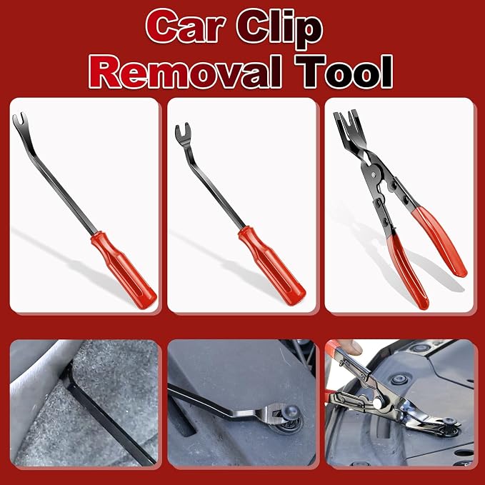 Keze 7 Pcs Auto Trim Removal Tool Kit for Car Panel Dashboard Door Clips and Upholstery with Plastic Pry Tool & Clip Pliers – No Scratch Design Professional Automotive Repair Tools Set, Red