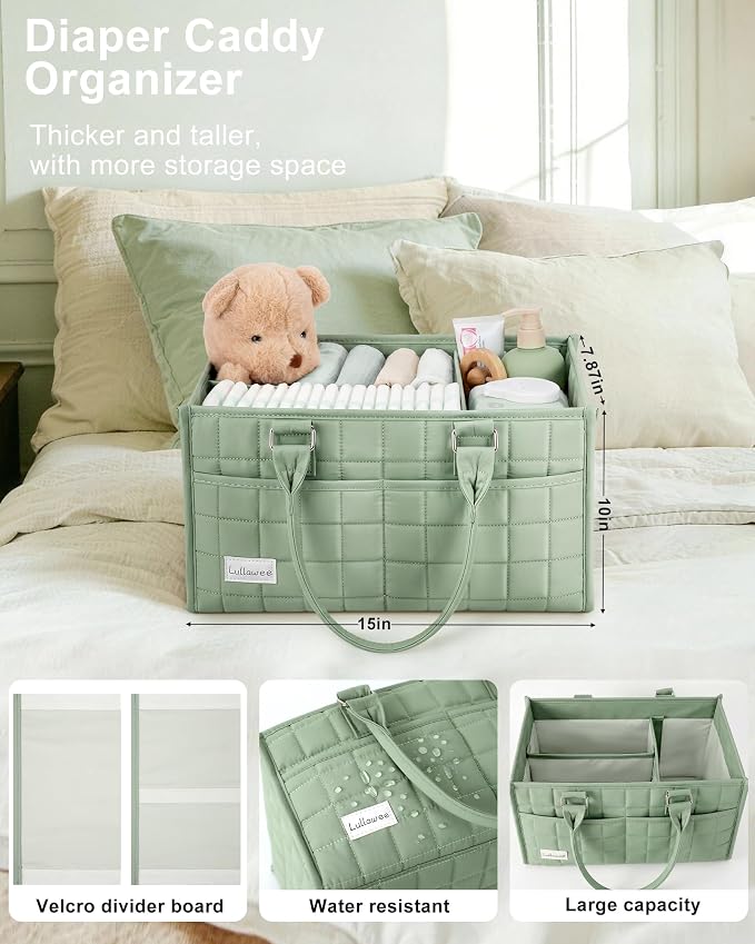 Baby Diaper Caddy Organizer, Portable Nursery Storage Basket with Handle for Newborn Boy or Girl, Gift for Baby Shower Essentials, Registry Must Have Bag, Caddie Car Organizer, Light Green