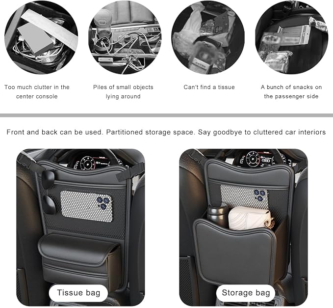 Car Organizer Storage Between Seats, Leather Car Console Hanging Storage Organizer with Mesh Pocket Tissue Box, Multi-Functional Large Capacity Headrest Holder Bag for Purse Snack (Gray)