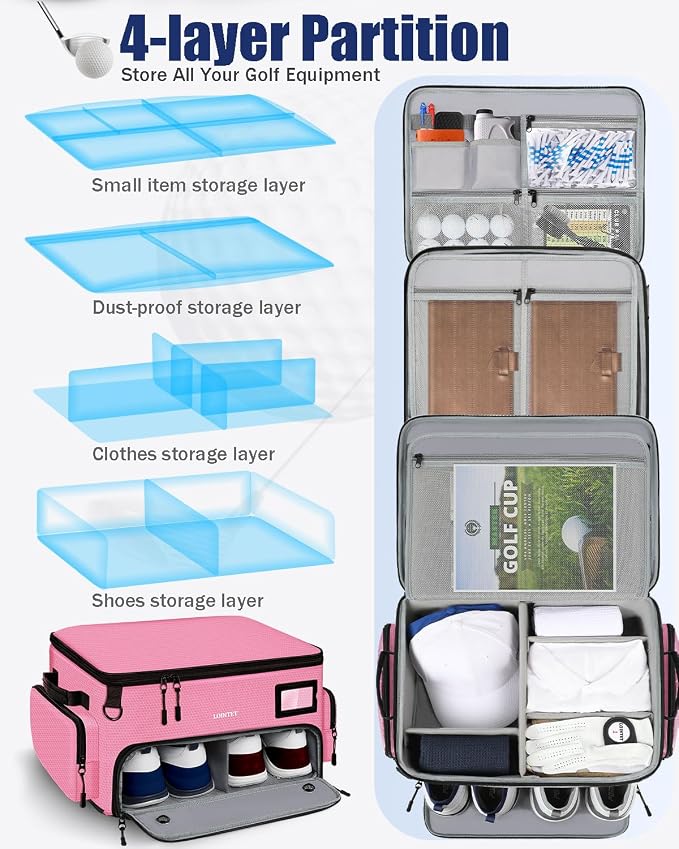 LOINTET Golf Trunk Organizer, Waterproof Car Golf Locker with Separate Ventilated Compartment for 2 Pair Shoes, Golf Storage for Balls, Tees, Cap, Clothes, Gloves, Accessories, Gifts for Men, Women
