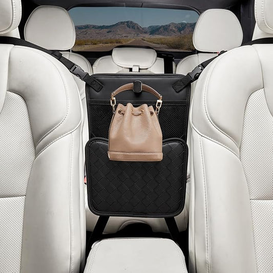 Purse Holder for Car,Car Purse Holder Between Seats,PU Leather Seat Back Organizer,Large Capacity Bag,Car Net Pocket Handbag Holder,Pet Barrier(Black)