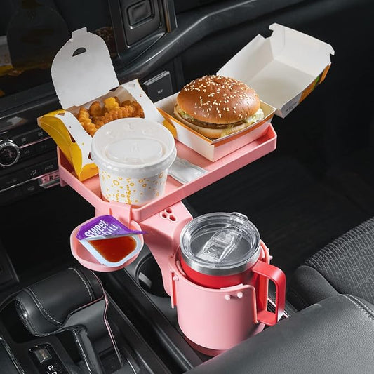 JoyTutus Cup Holder Tray for Car, Car Cup Holder Expander with 360°Rotation Tray, Large Cup Drink Holder Fit for Yeti/Hydro Flask, Detachable Food Tray Table, Pink Car Accessories