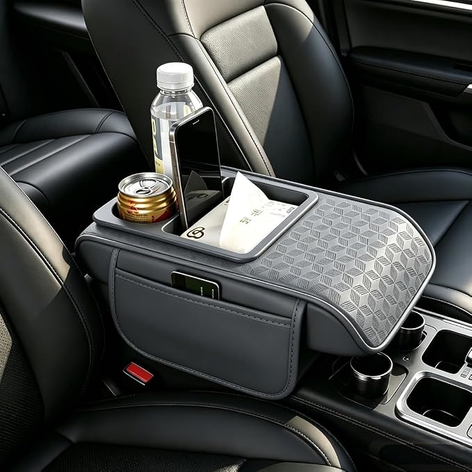 Car Center Console Cover, Auto Car Armrest Cushion 5-in-1 with Cup Holder, Tissue Box Slot, Phone Slot for Vehicle, Car Accessories Interior Storage Organizers (Grey)