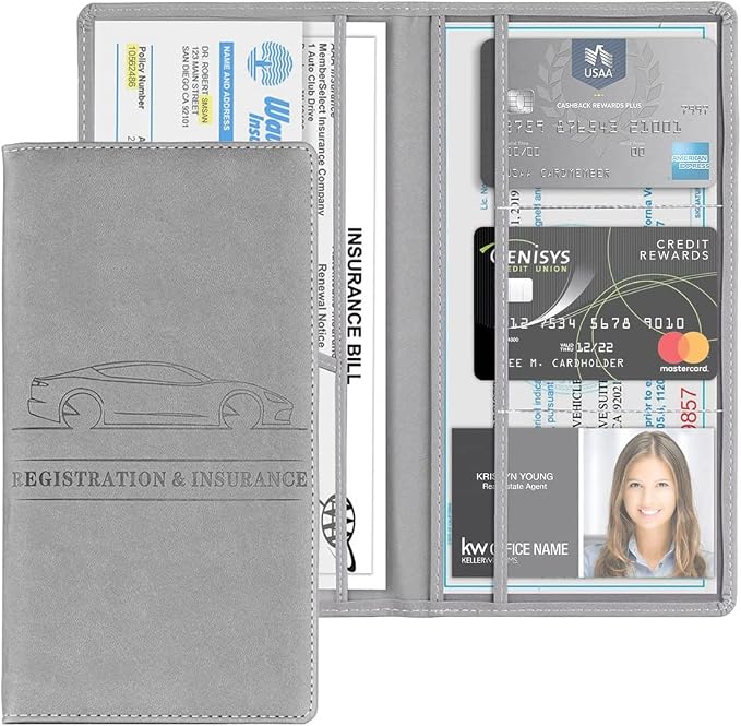XINLIYA Car Registration and Insurance Card Holder, PU Glove Box Essential Documents Paperwork Driver License Organizer for Car, Wallet Case Auto Vehicle Truck Accessories for Women and Men (Gray)