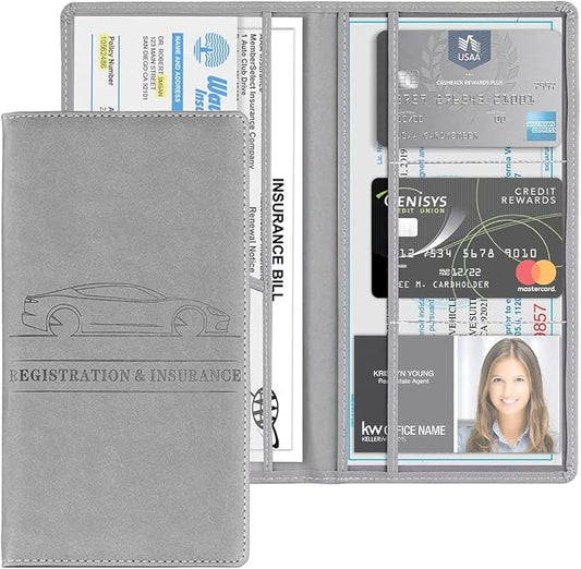 XINLIYA Car Registration and Insurance Card Holder, PU Glove Box Essential Documents Paperwork Driver License Organizer for Car, Wallet Case Auto Vehicle Truck Accessories for Women and Men (Gray)