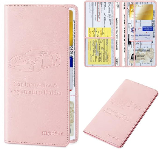 TILDOSAC Leather Car Registration and Insurance Card Holder, Car Document Holder for Cards License with Magnetic Shut (Pink, large)