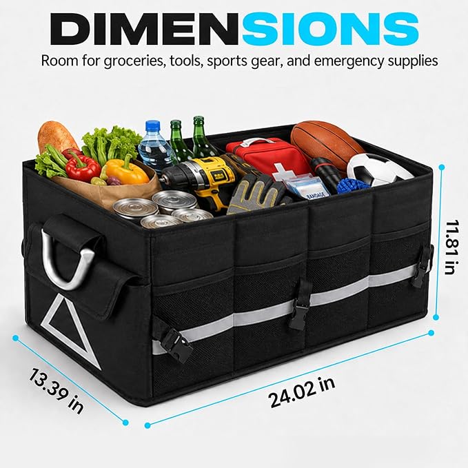 Car Trunk Organizer with Lid, Collapsible SUV Trunk Organizer, Foldable Cargo Organizer with 4 Compartments, Non-Slip Bottom, Securing Straps, Large Capacity Storage Bag for SUV Truck Van, Black
