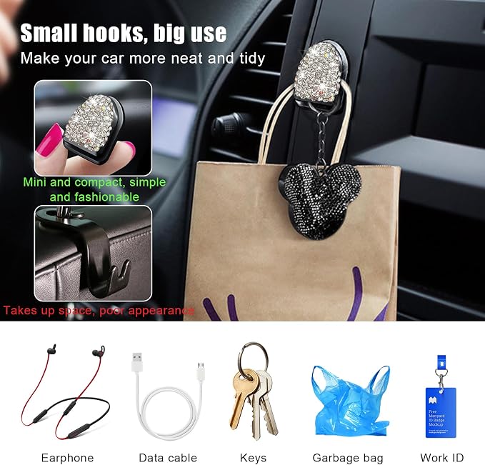 Yourkar 4PCS Bling Car Mini Hooks, Multifunctional Adhesive Small Auto Storage Hook for Key Cable Mask, Crystal Rhinestone Dashboard Hanging Hook, Interior Decor Car Accessories (Black+White)