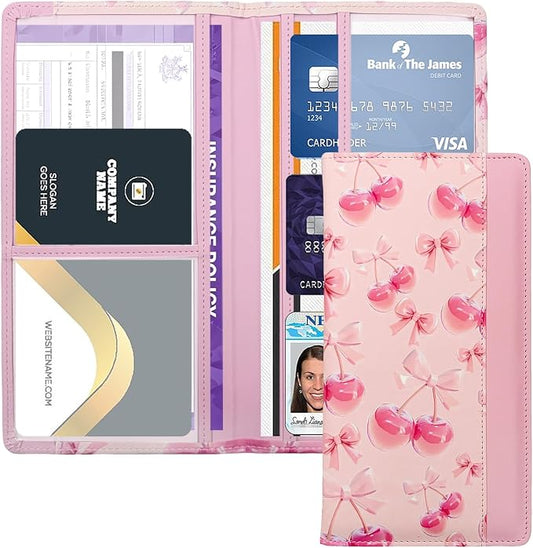 Car Registration and Insurance Holder with Magnetic Closure, Universal Document Organizer for License, Insurance Cards & Glove Box Storage (Cherry-Pink)