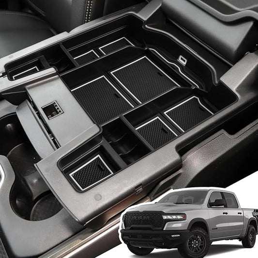 Center Console Organizer for 5th Gen 2025 2024-2019 Ram 1500 2500 3500(Full Console w/Bucket Seats Only), ABS Storage Box, Middle Console Tray Organizer, Insert Container Pallet-White