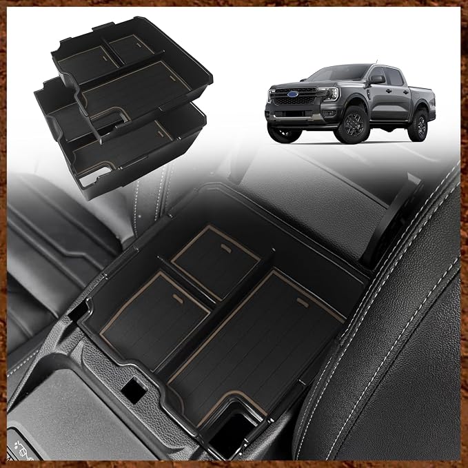 Muslogy Center Console Organizer Compatible with Ford Ranger 2024 2025 2026 & Raptor Accessories Two-Layer Storage Box Insert Tray Secondary Storage Divider Armrest ABS Material Glove Box (Sandstone)