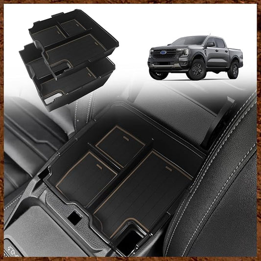 Muslogy Center Console Organizer Compatible with Ford Ranger 2024 2025 2026 & Raptor Accessories Two-Layer Storage Box Insert Tray Secondary Storage Divider Armrest ABS Material Glove Box (Sandstone)
