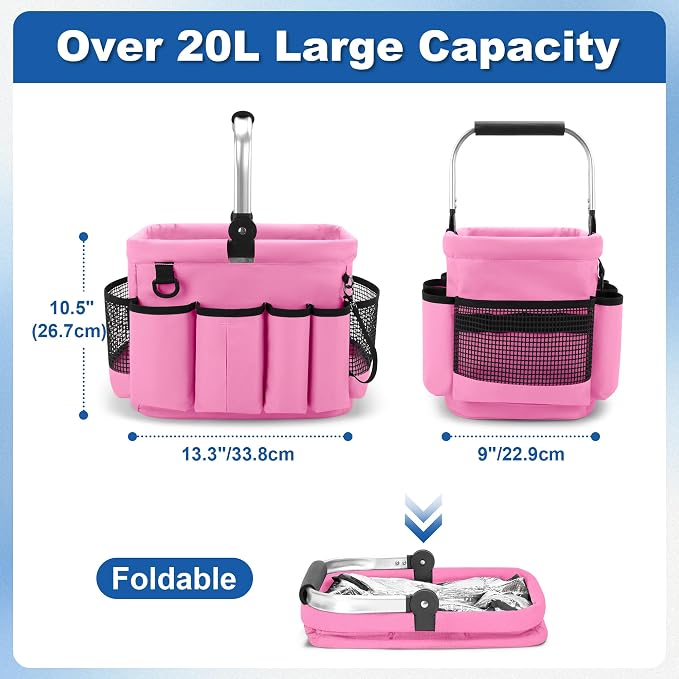PGmoon Cleaning Caddy Organizer with Handle, Cleaning Tote Bag with Multiple Pockets for Cleaning Supplies, Products Storage, Housekeepers, Kitchen Cleaning Supplies, Pink