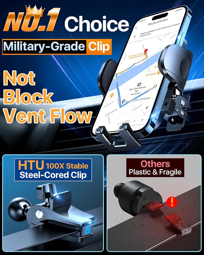 HTU 2026 Ultimate Best【True Military-Grade & Safety Cert】Car Phone Holder【Upgraded 360 Rotation & 100+LBS Strongest Suction】5-in-1 Truck Windshield Dashboard Vent Mount Stand for iPhone Android, Blue