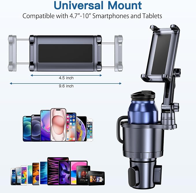 Cup Holder Phone Tablet Mount, 2 in 1 iPad Car Cup Holder with Expander Adjustable Arm for 4.7-10 inches Phone Tablet Mount Compatible for iPad Pro Air Mini, Fire,iPhone 17,Galaxy Phones