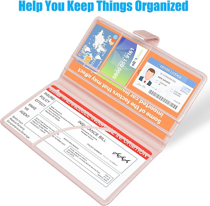 DMLuna Car Registration and Insurance Holder, Leather Vehicle Card Document Glove Box Organizer, Auto Truck Compartment Accessories for Essential Information, Driver License Cards, Rose Gold
