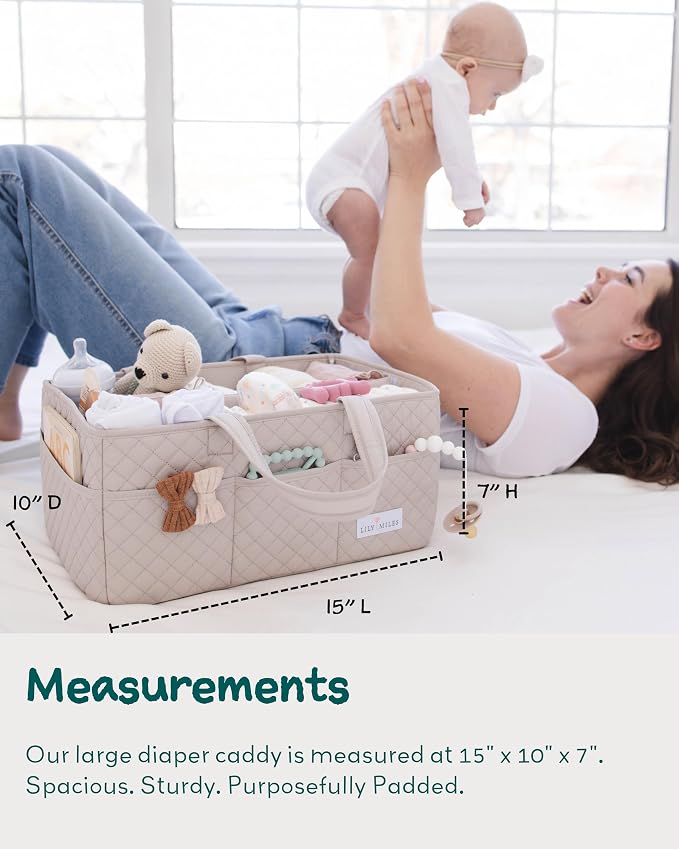 Lily Miles Baby Diaper Caddy Organizer, Quilted Nursery Storage Organizer for Newborn Essentials and Diaper Changing Station, Gift for Baby Shower and Registry Must-Have (Soft Sand)
