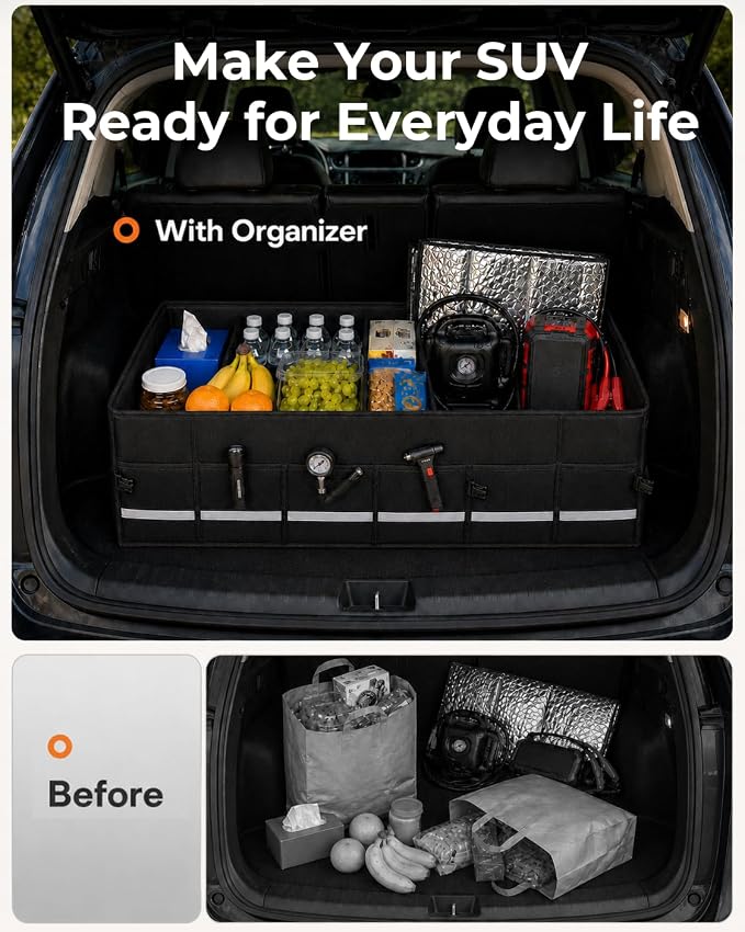 Car Trunk Organizer for SUV, 112L with Cooler Bag, Lid and Dividers | Grocery and Road Trip Storage; Customizable Compartments; Reinforced Structure; Non-Slip Base; Easy Carry; Fold-Flat Storage