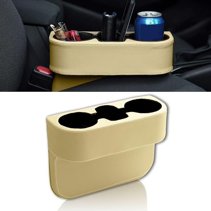Car Cup Holder, PU Leather Auto Front Seat Organizer, Multifunctional Cup Drink Holders, Gap Filler Storage Box Coin Bucket Console Side Pocket Cell Mobile Phone Holder (Beige)