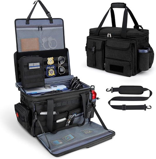 Patrol Bag Law Enforcement Police Gear Bag, Car Front Seat Organizer Tactical Officer Duty Bags, Police Car Accessories for Passenger Seat, Multiple Compartment Molle Webbing Removable Shoulder Strap