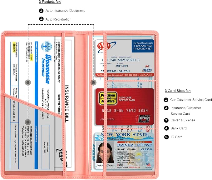TOURSUIT Car Registration and Insurance Card Holder, Vehicle License Document Glove Box Compartment Organizer, Interior Car Accessories for Women Men (Pink)