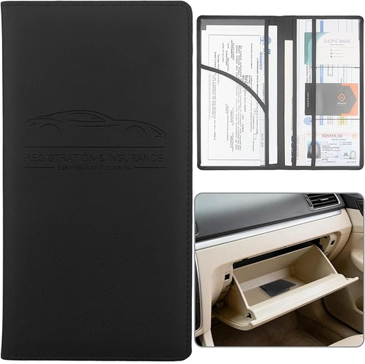 Car Registration and Insurance Holder, Premium Pu Leather Vehicle Glove Box Organizer - for Driver License, Cards & Essential Documents (L-Black)