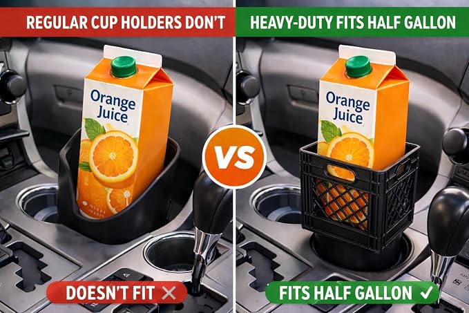 Half Gallon Car Cup Holder Expander,Classic Milk Crate Style Adapter for Square Cartons, Milk Carton Cup Holder Secure Anti-Spill Insert for Juice,Heavy Duty Interior Organizer for SUV&Trucks (Black)