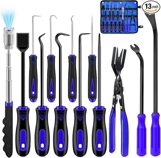 13 Pcs Precision Hook and Pick Tool Set with Clip Removal Plier Rivets Puller Fastener Remover Telescoping Magnetic Pickup Gasket Scraper for Electronics Maintenance Pick Tools Automotive Repair Blue