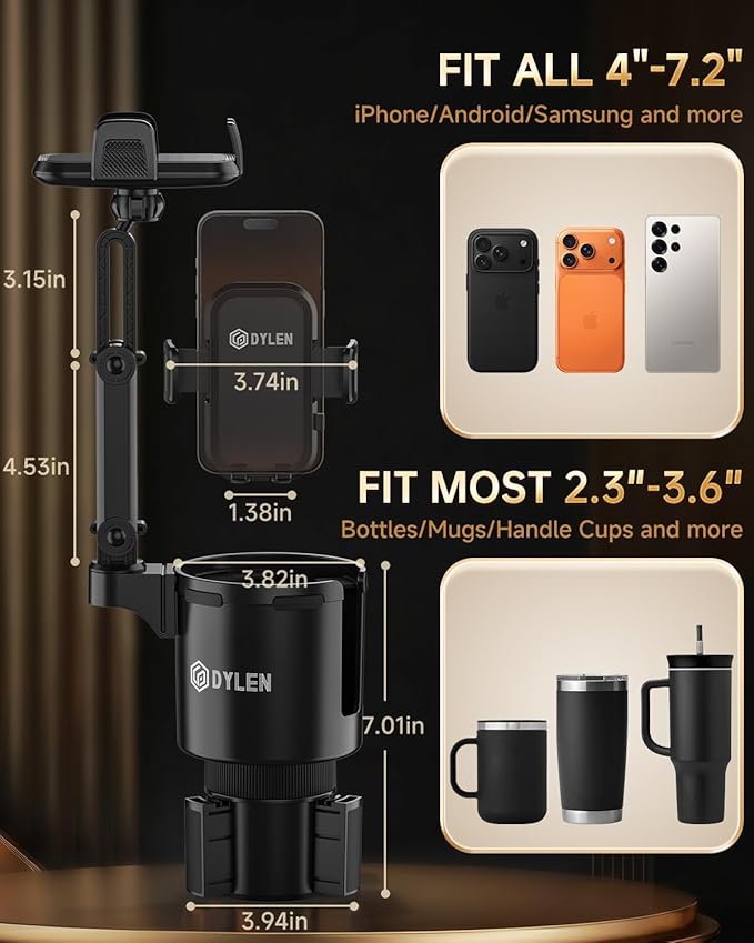 DYLEN Cup Holder Phone Holder for Car, 2 in 1 Cup Holder Phone Mount with Adjustable Base, Long-Arm Supports 360° Rotation, Car Phone Holder Compatible with All Phones| Anti-Slip&No Shake Design