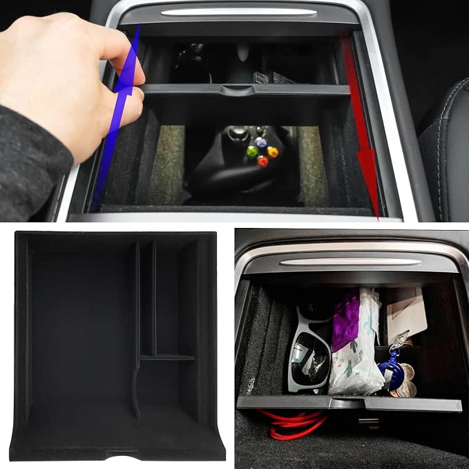Center Console Organizer Tray fits for Tesla Model 3 Accessories 2020 2021 2022 2023, Model Y 2020 2021 2022 2023 2024（Fit Tesla Model 3/Y cover close by sliding）