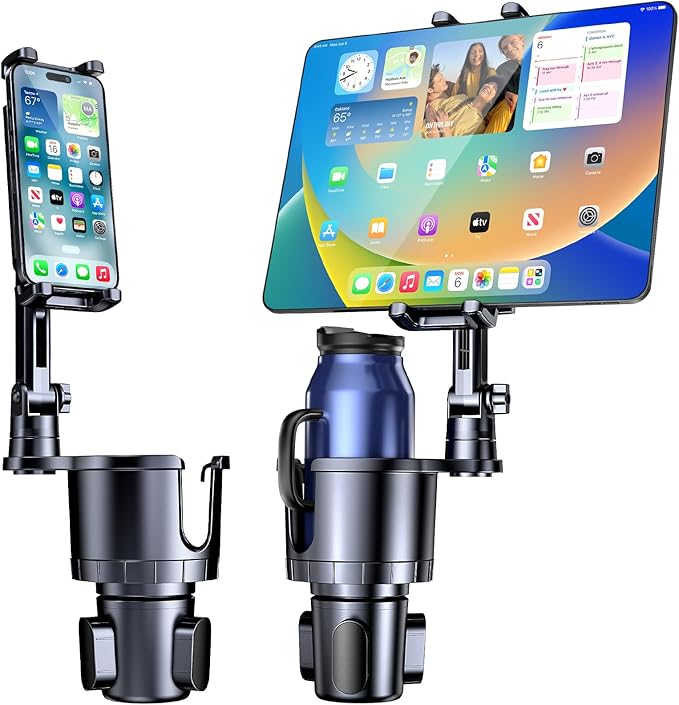 Cup Holder Phone Tablet Mount, 2 in 1 iPad Car Cup Holder with Expander Adjustable Arm for 4.7-10 inches Phone Tablet Mount Compatible for iPad Pro Air Mini, Fire,iPhone 17,Galaxy Phones