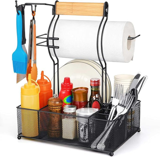 FANGSUN Grill Caddy, BBQ Caddy with Paper Towel Holder, Picnic Condiment Utensil Caddy for Outdoor Camping, Barbecue Accessories Storage Organizer for Griddle Grilling Tools, RV Patio Camper Must-Have