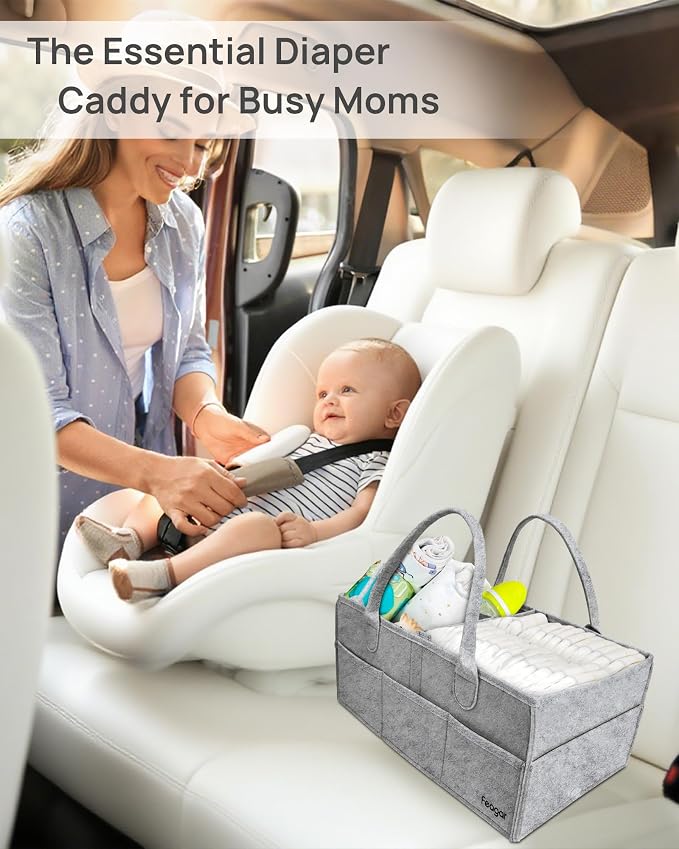 Feagar Baby Diaper Caddy Organizer with Handle, 15 Inch Large 2 Pack Set with 8 Pockets & 2 Dividers, Portable Nursery Storage Basket & Car Organizer for Changing Table, Travel (Grey)