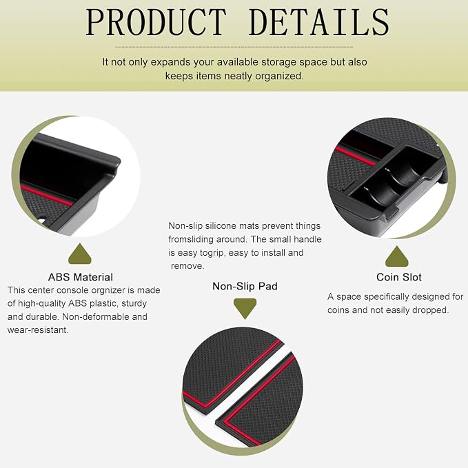 JDMCAR Center Console Tray Organizer Compatible with Toyota Tacoma Accessories 2016-2022 2023, Armrest Insert Container ABS Material Secondary Storage Box-(Red Trim)