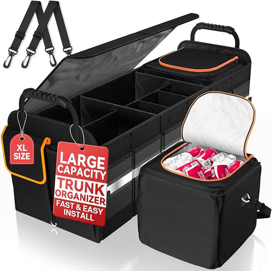 sevgili XL Heavy-Duty Trunk Organizer – Reinforced SUV & Truck Cargo Storage with 6 Adjustable Compartments, Trunk Organizer with Cooler, collapsible Large Trunk Organizer for Car with Cover