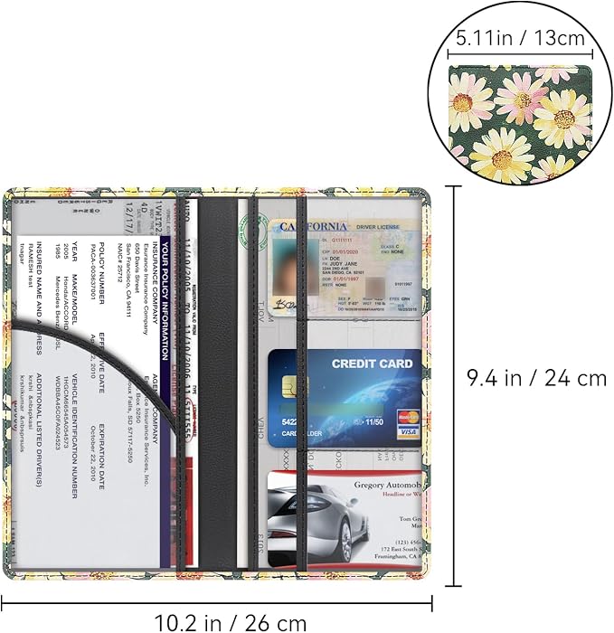 Car Registration and Insurance Holder, Premium Pu Leather Vehicle Glove Box Organizer - for Driver License, Cards & Essential Documents (L-Floral)